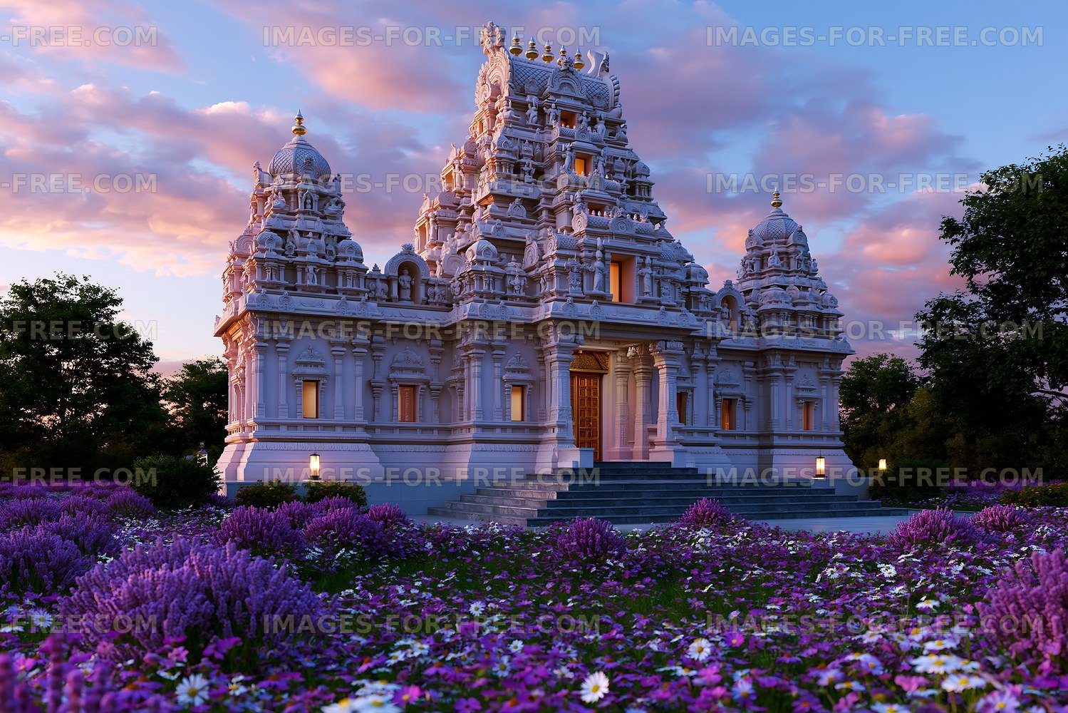 Decorative temple in a flower garden at sunset