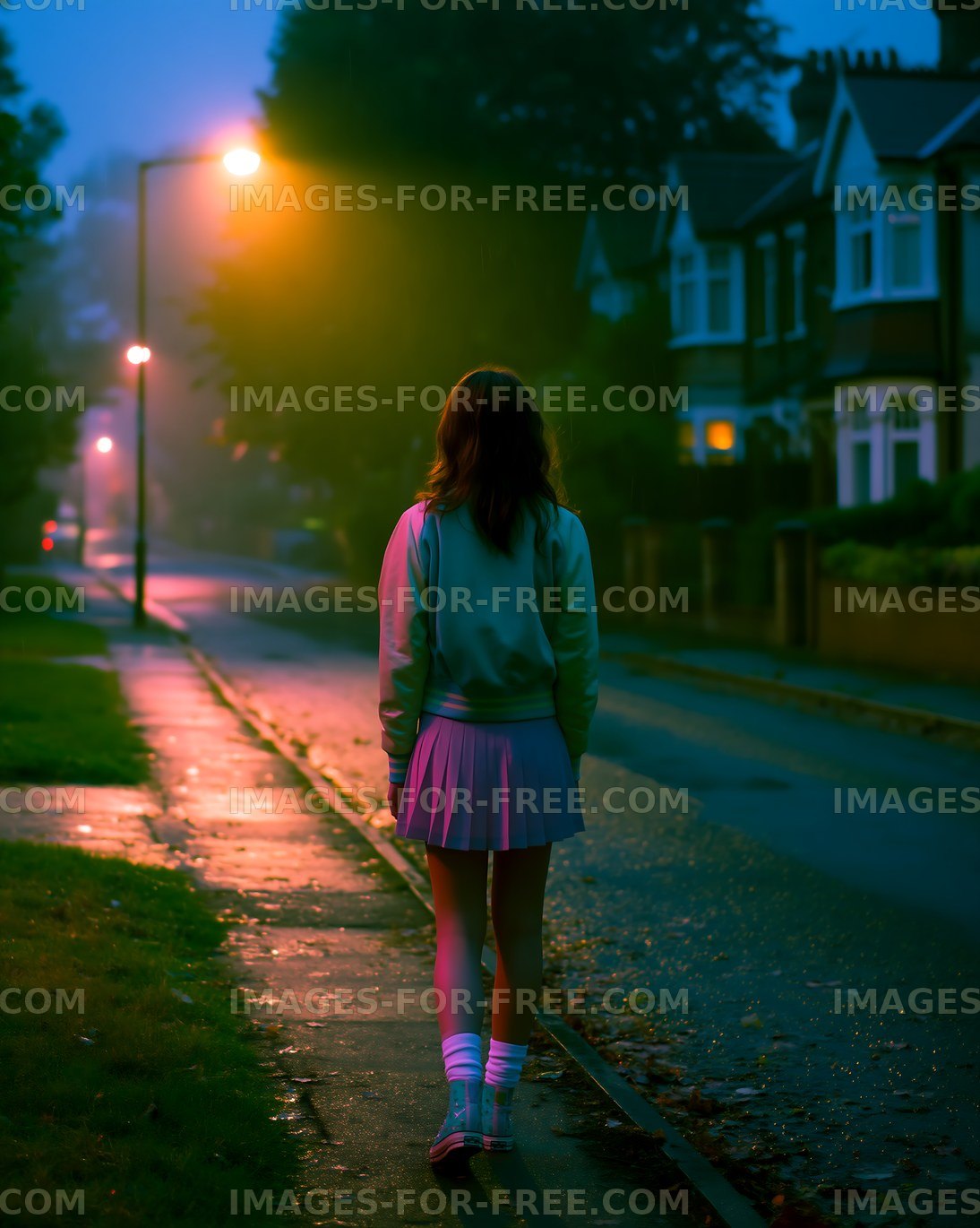Person walking on a wet neighborhood sidewalk at dusk