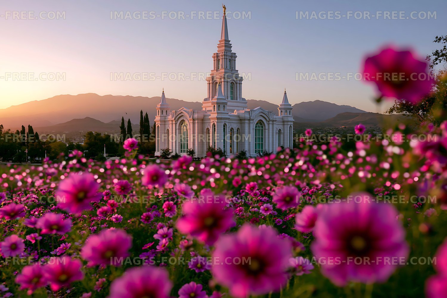 Temple and flower garden against mountain sunset