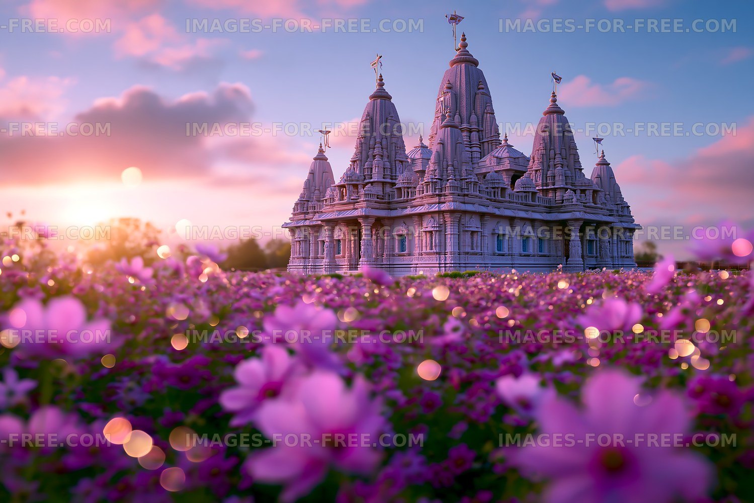Decorative temple surrounded by flowers in evening light