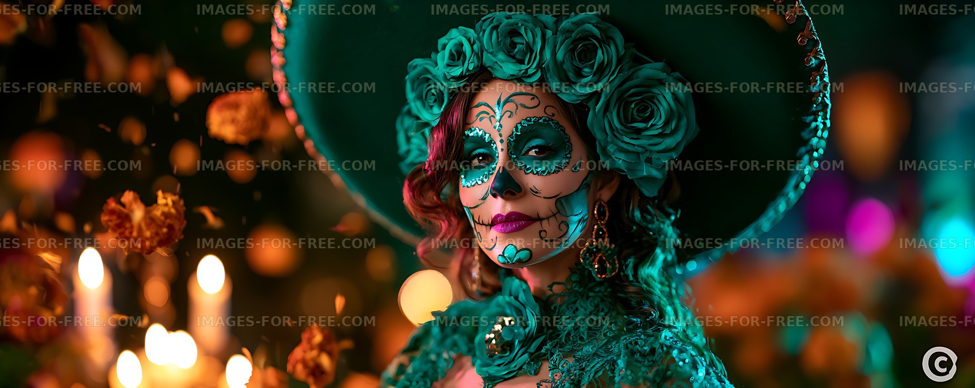 Portrait of woman wearing colorful sugar skull makeup