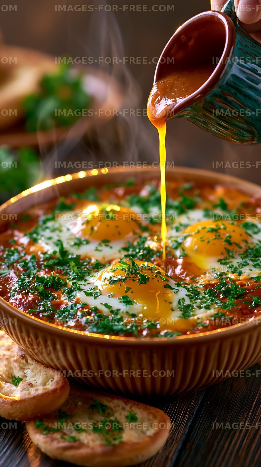 Close-up of steaming eggs with herbs and sauce