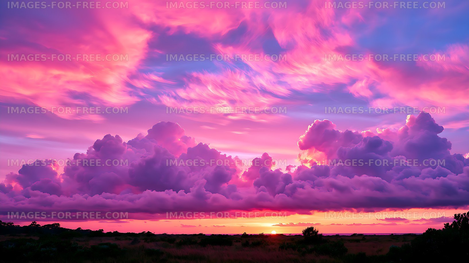 Colorful sunset clouds above a dark coastal horizon