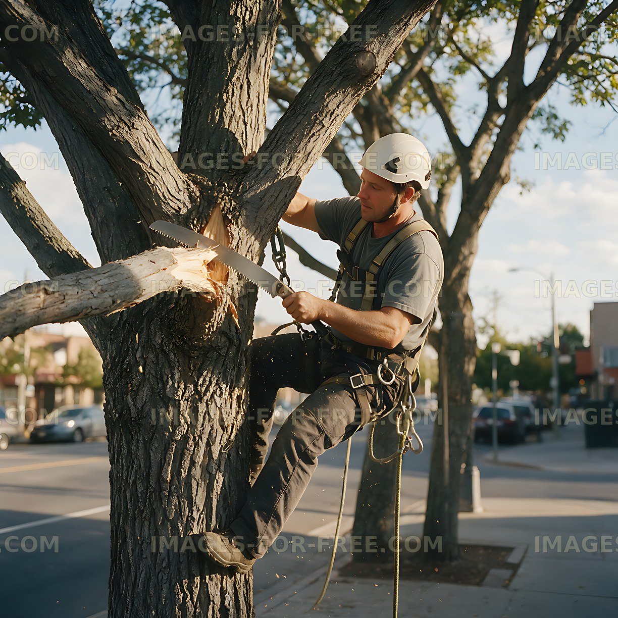 Arborist sawing a branch outdoors
