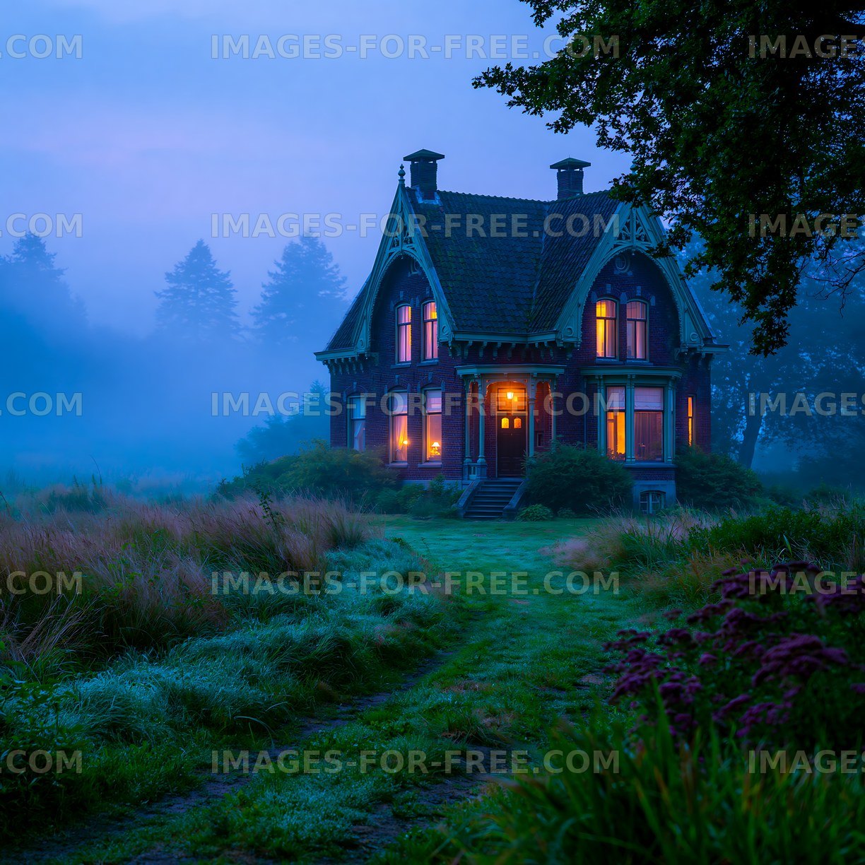 Ornate brick house with glowing windows in evening mist