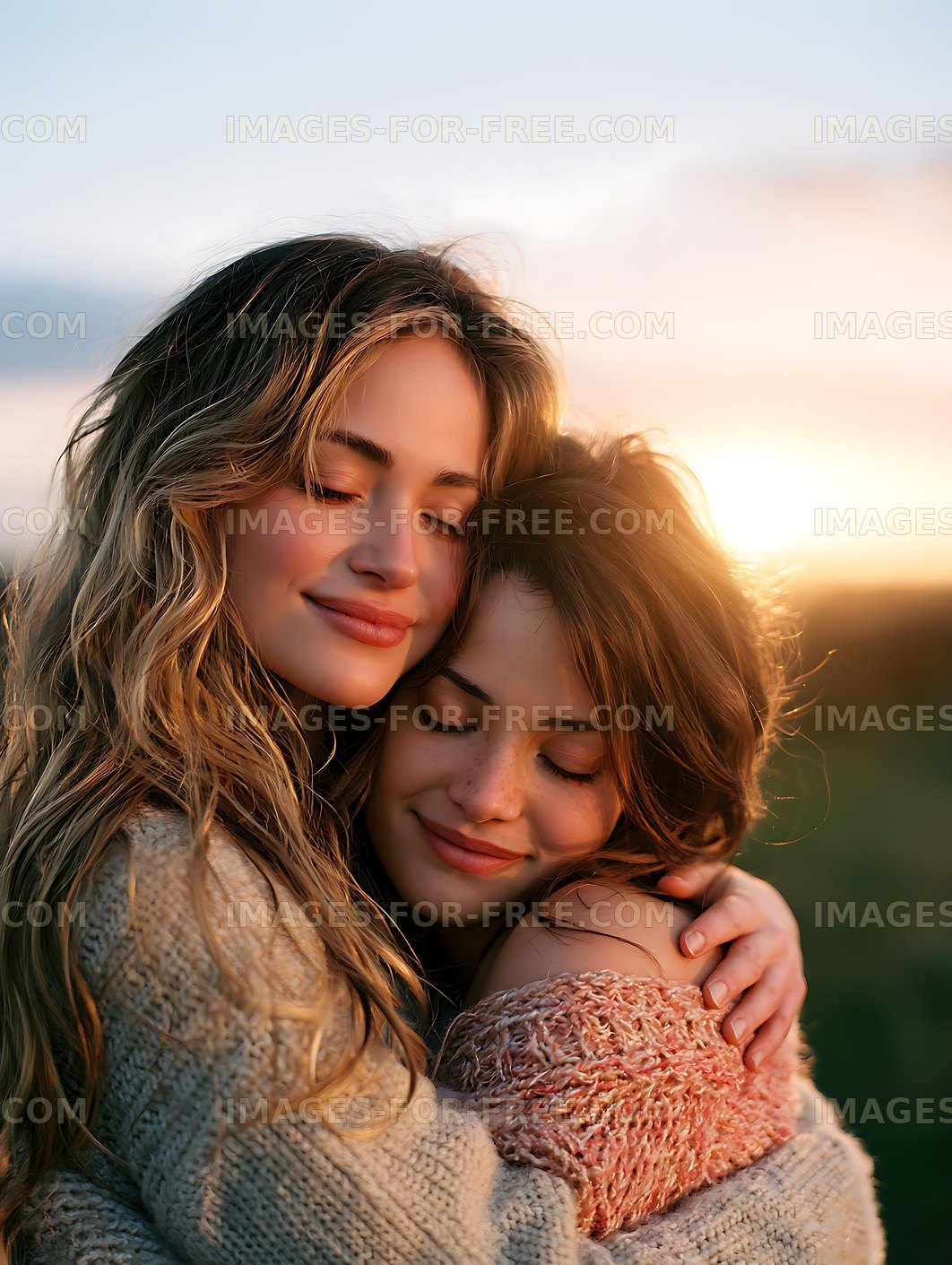 Close portrait of two women sharing a warm embrace