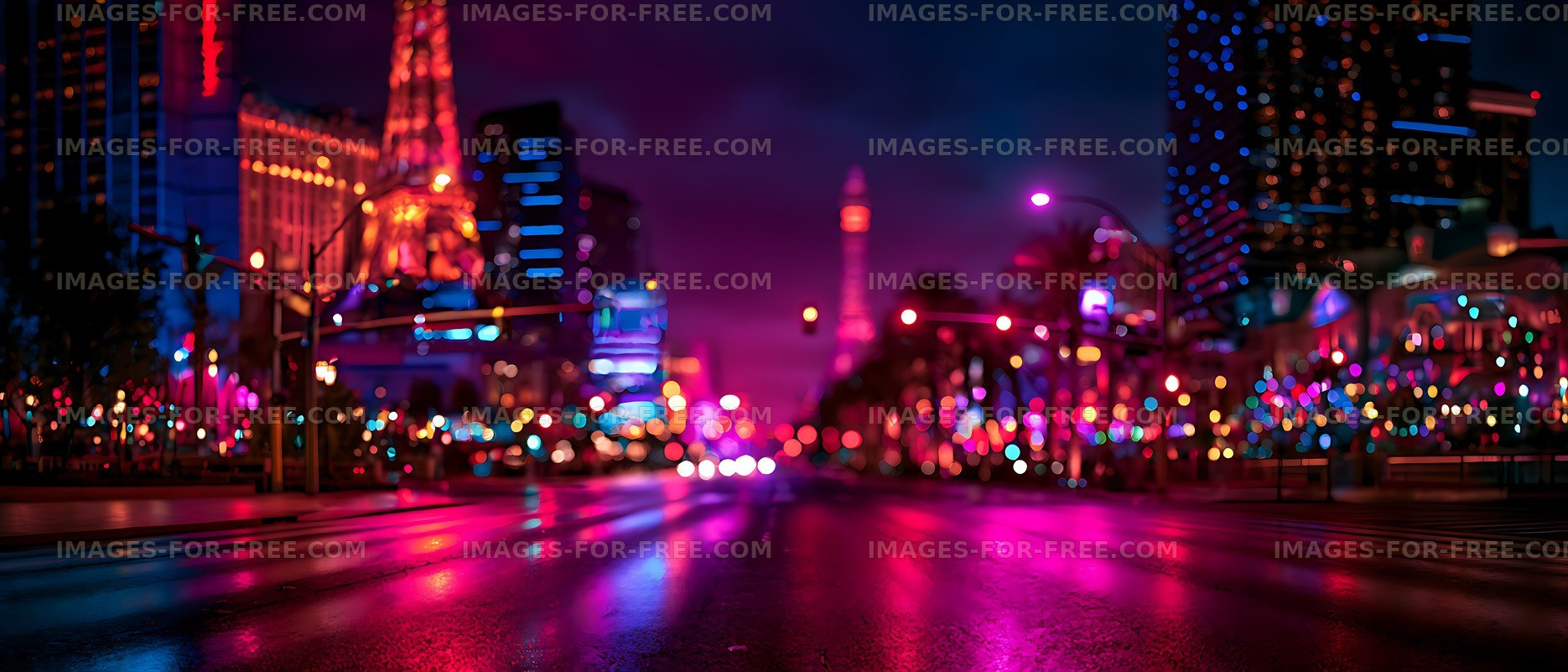 Colorful neon city avenue with wet pavement at night