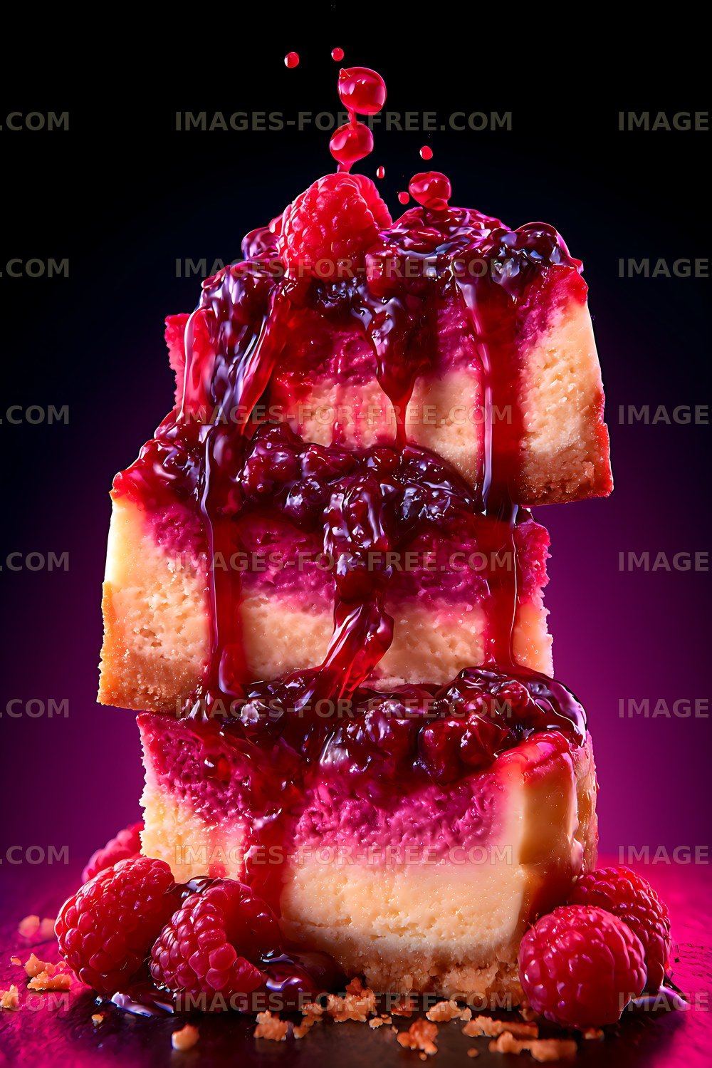 Stacked raspberry dessert bars with berry topping