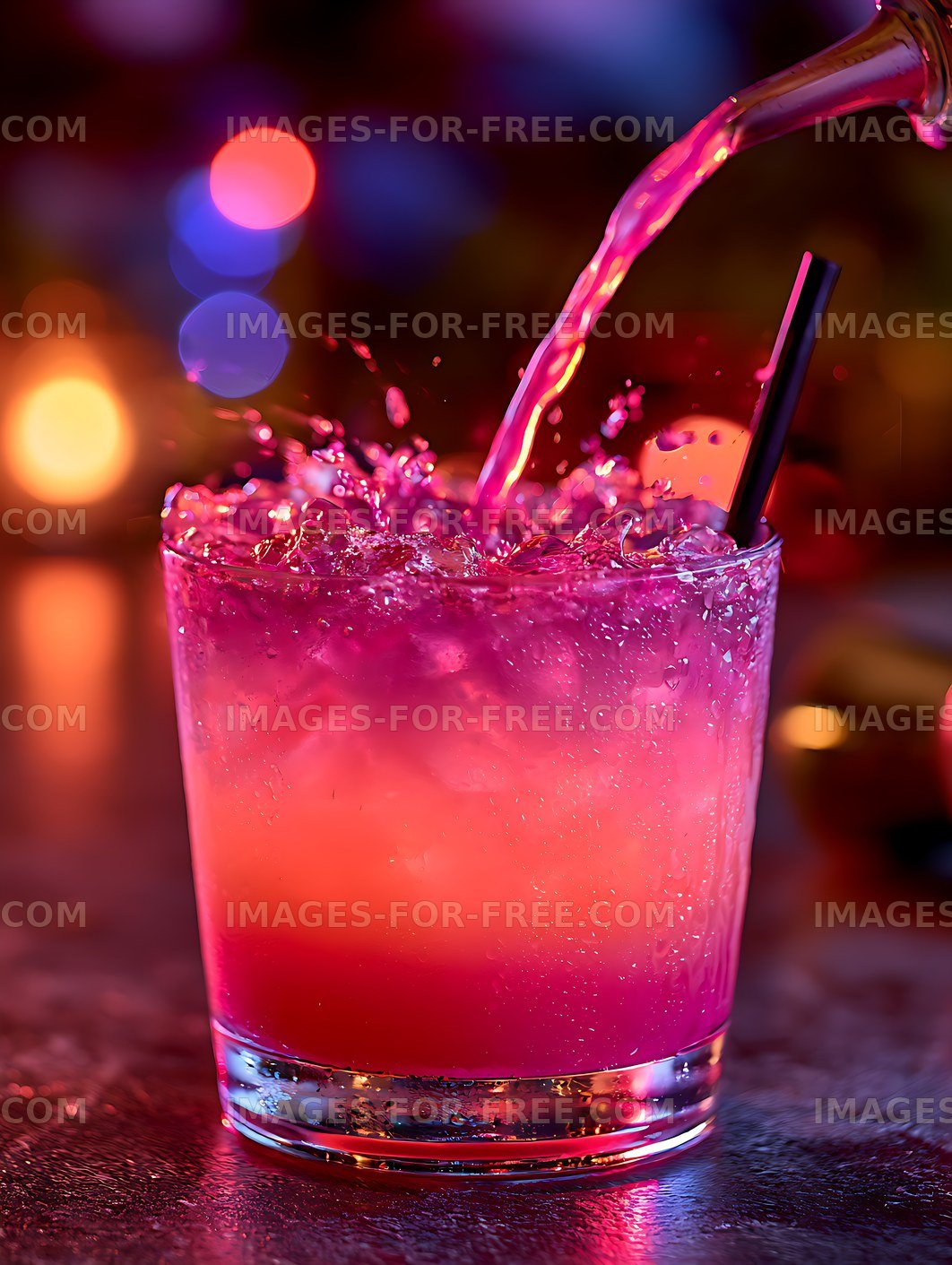 Neon-lit pink cocktail with saxophone and splash