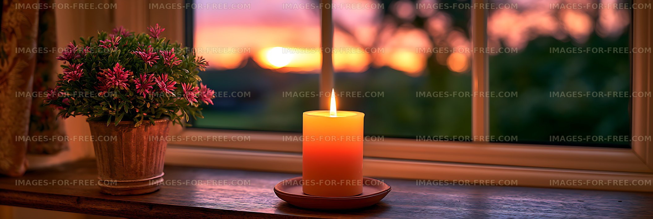 Cozy windowsill with candle, flowering plant, and sunset