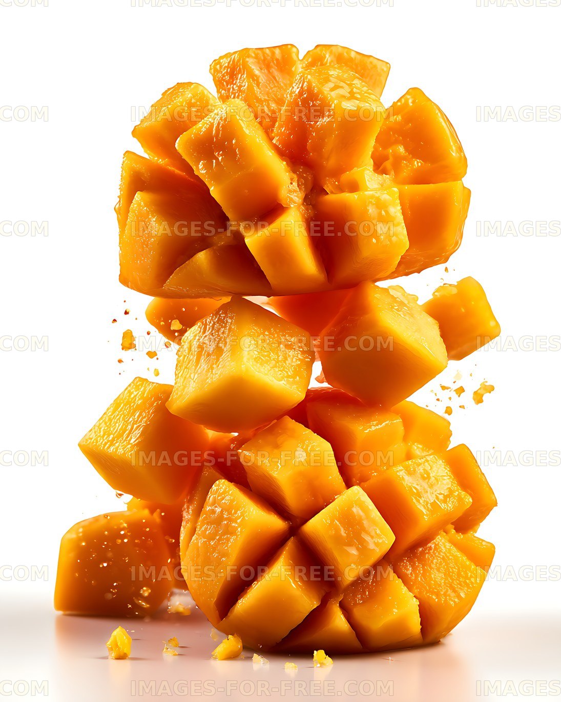 Glossy orange fruit cubes stacked on a reflective white surface
