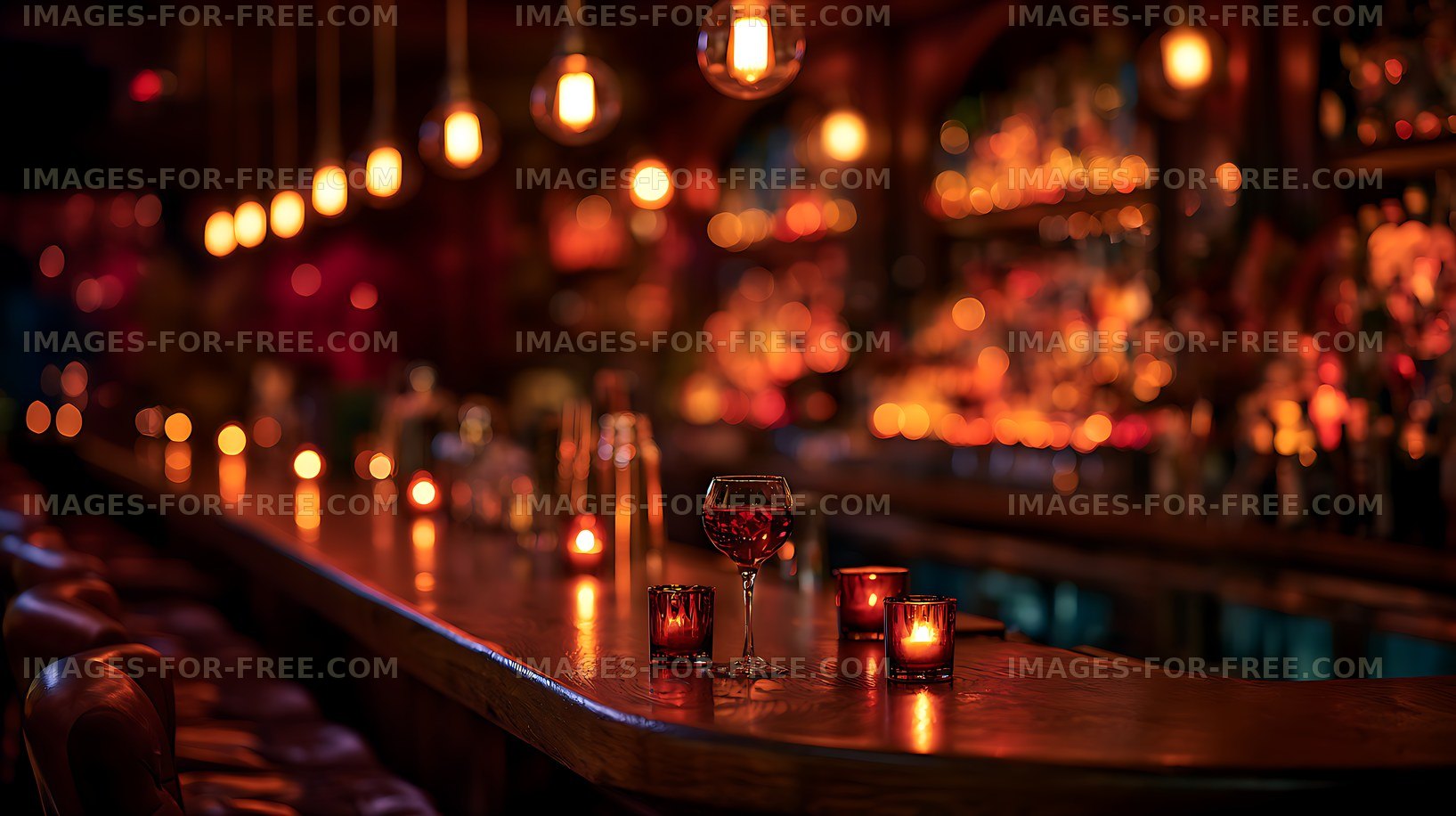 Warm candlelit bar with wine glass and glowing lights