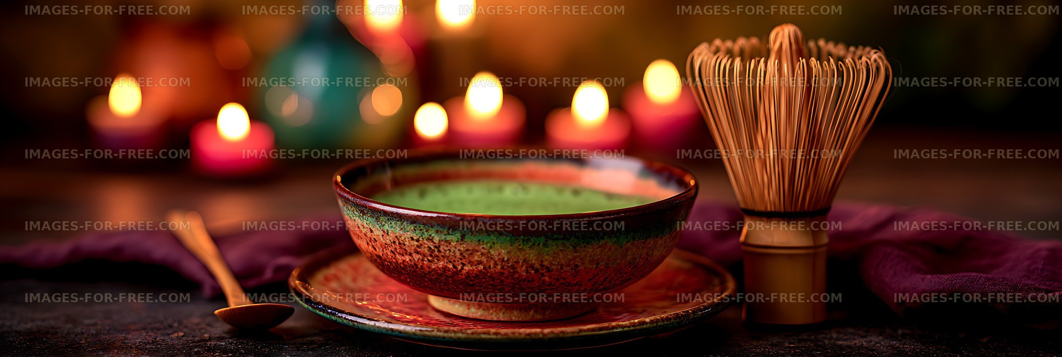 Green tea bowl with bamboo whisk in warm candlelight