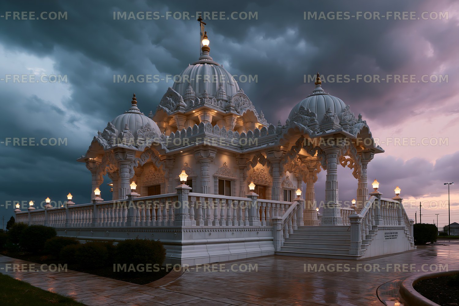 White domed temple under stormy evening skies