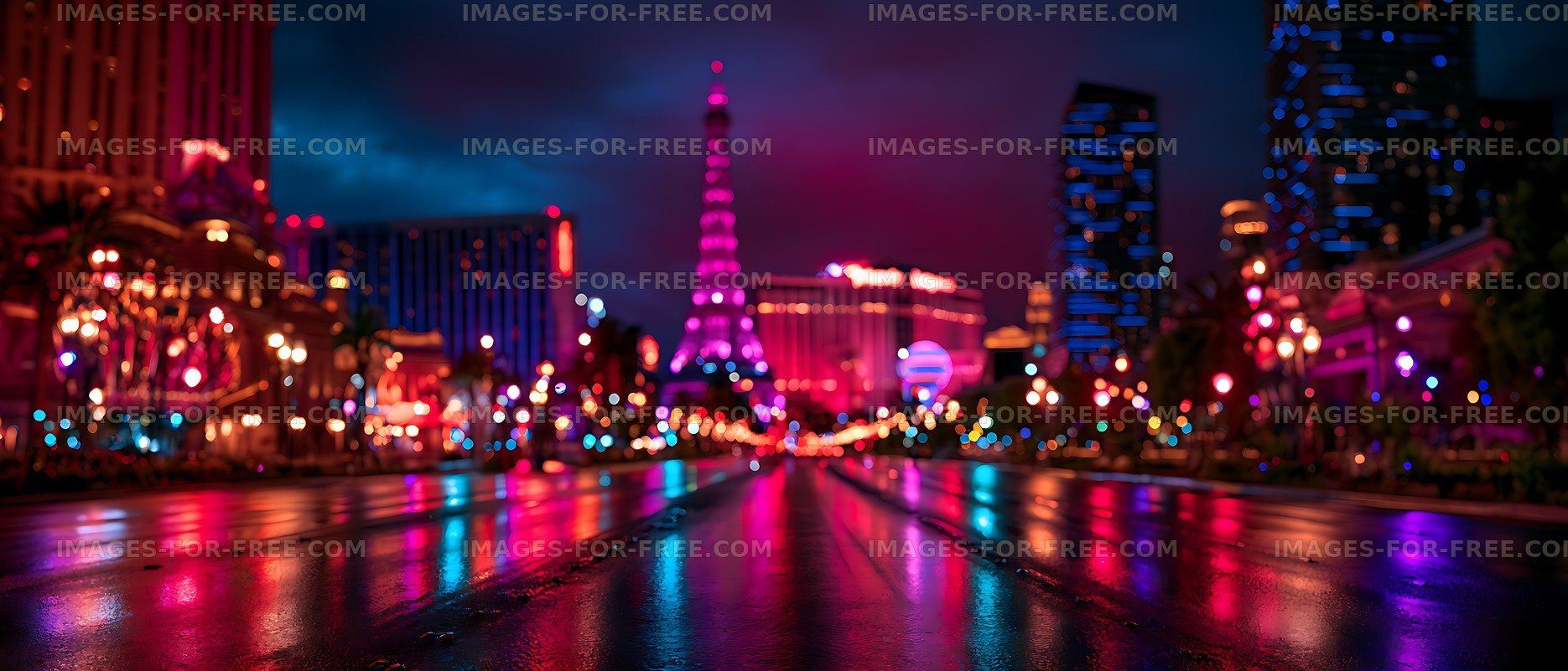 Vibrant illuminated city street after rain