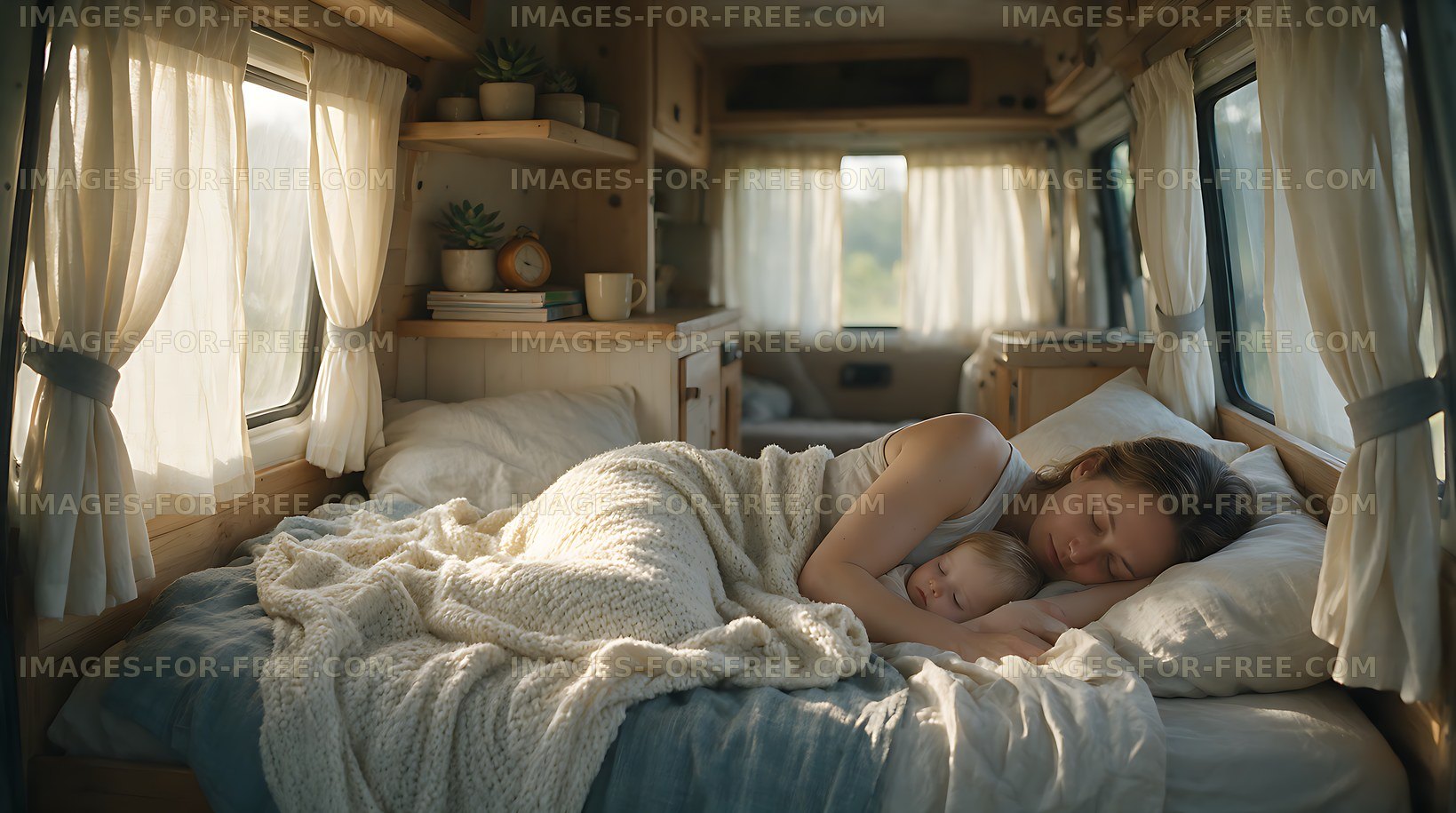 Mother and baby resting in a camper van bedroom