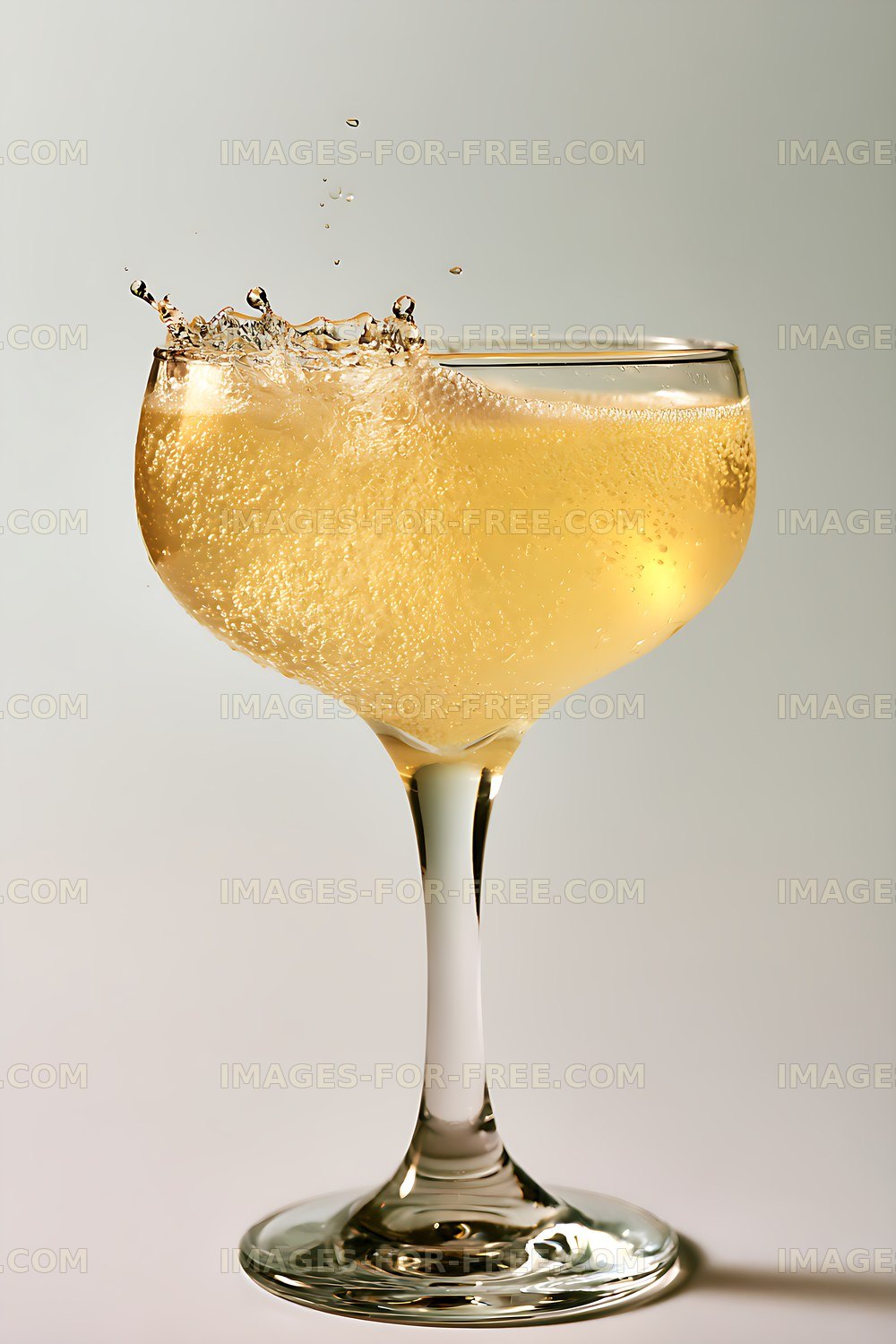 Golden sparkling beverage with splash in elegant glass