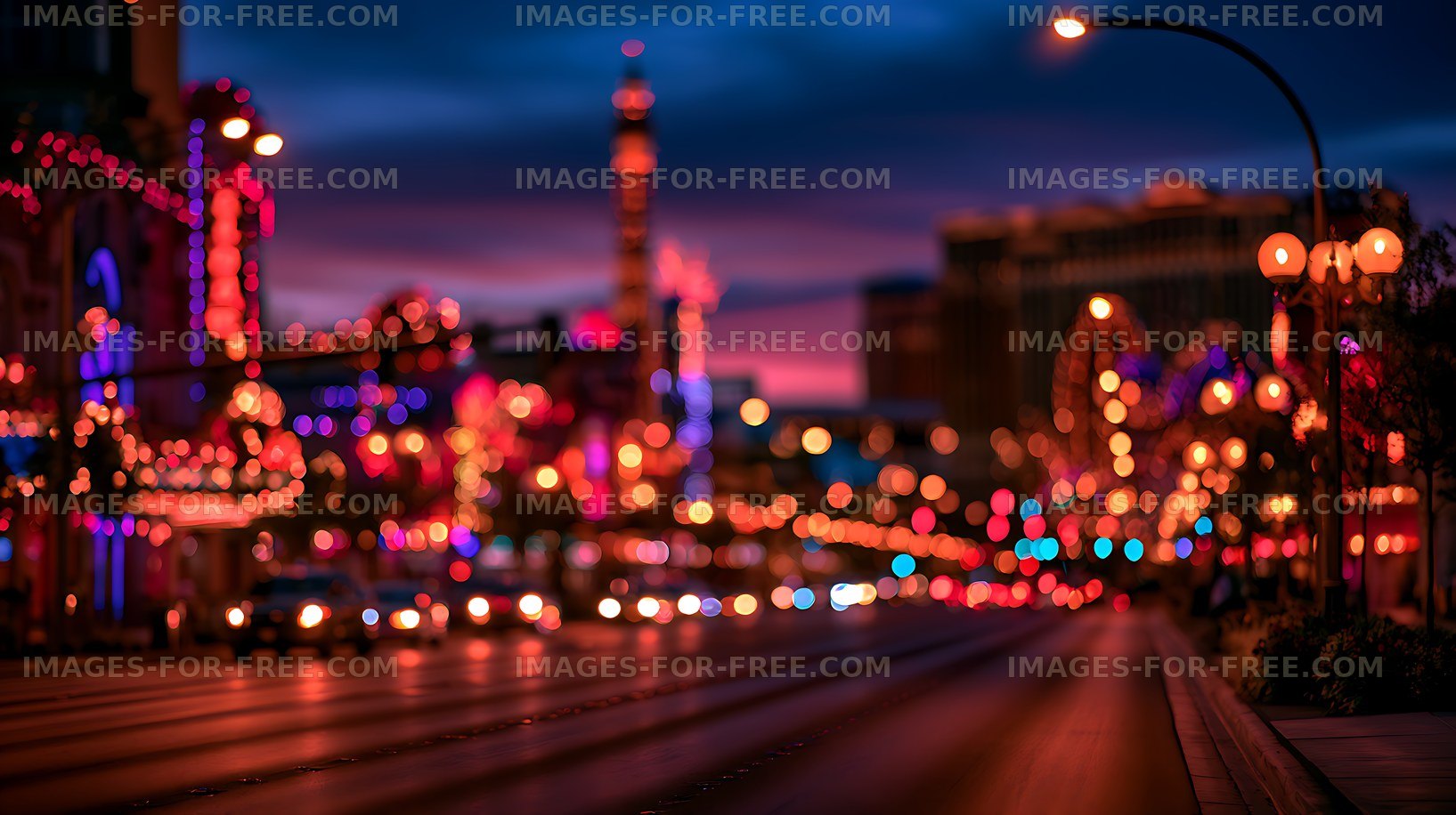 Colorful urban bokeh street at twilight