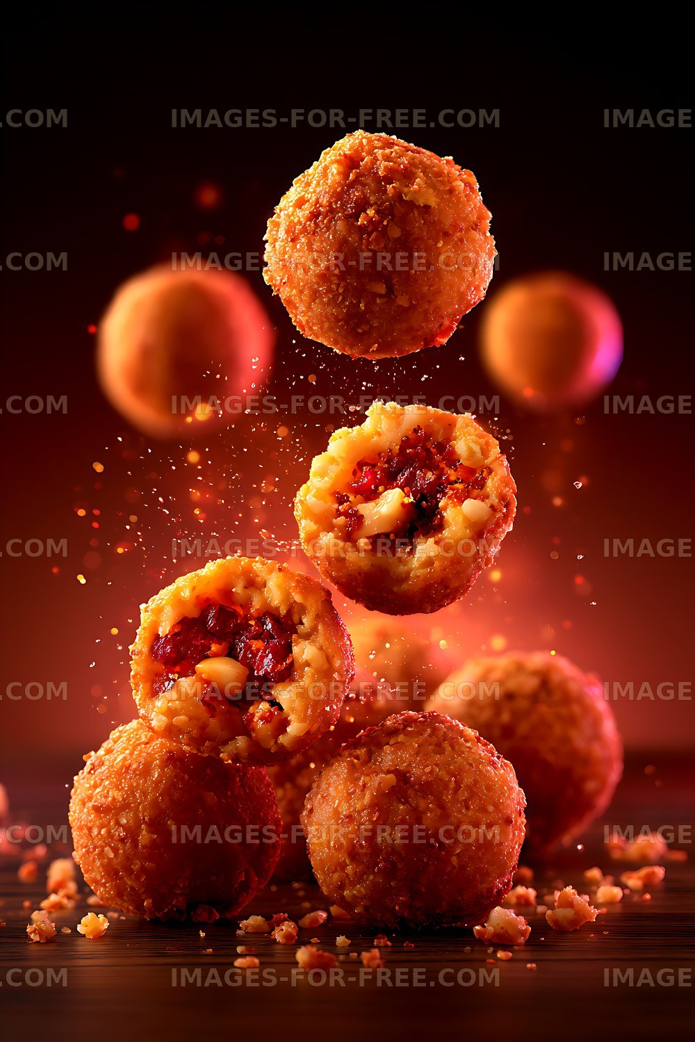 Golden fried pastries with fruit filling and scattered crumbs