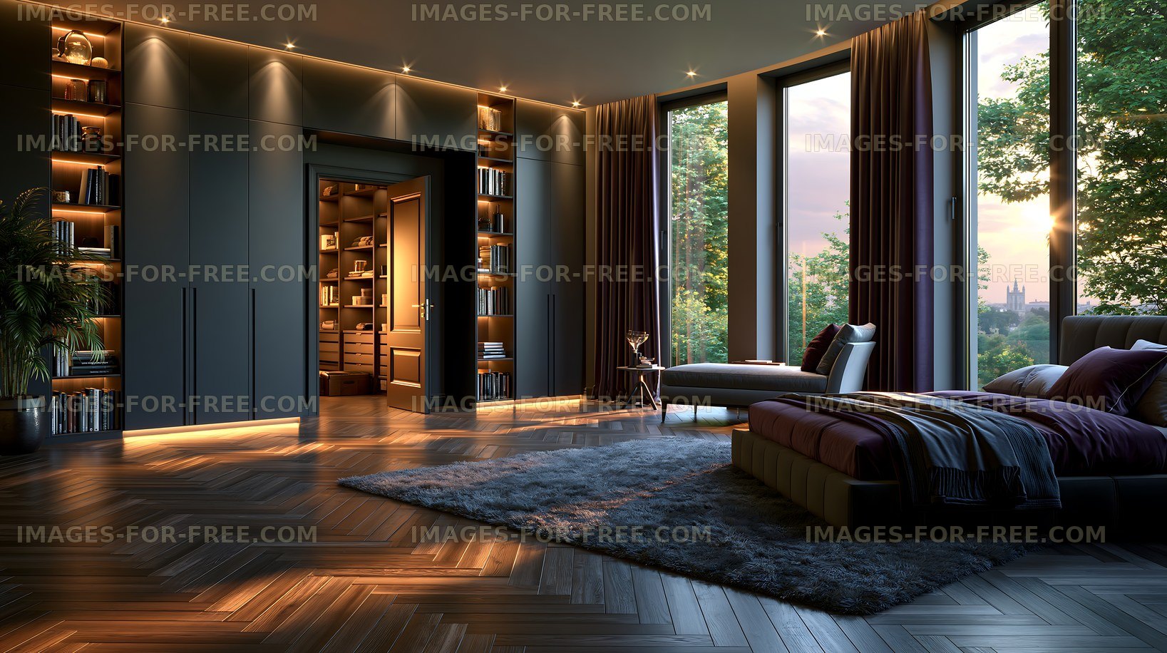 Elegant contemporary bedroom with large windows and city view