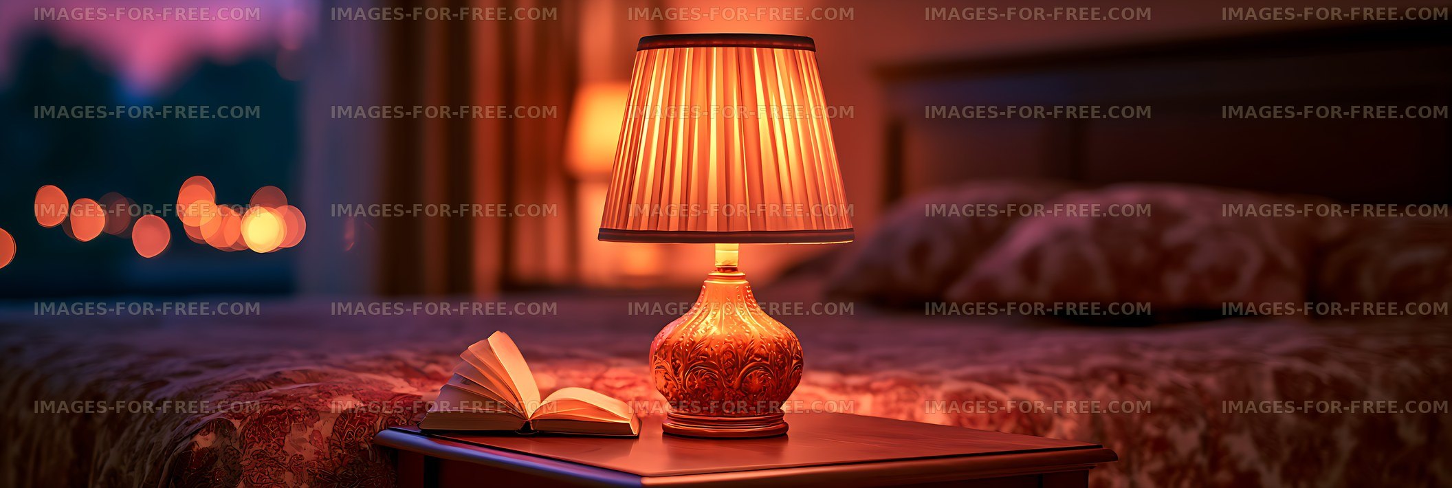 Cozy bedroom interior with glowing table lamp and open book