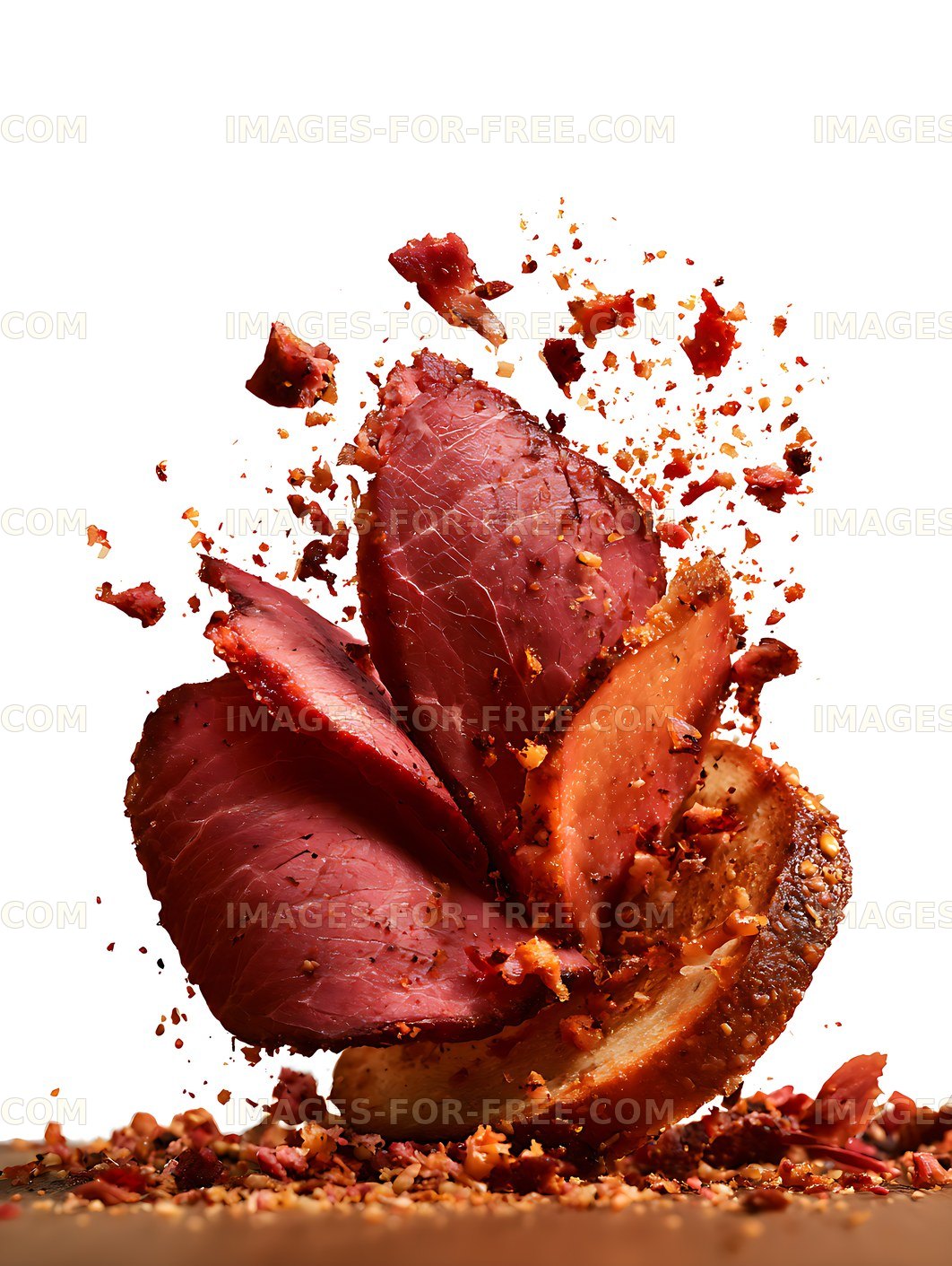 Close-up sliced roast beef with scattered crumbs