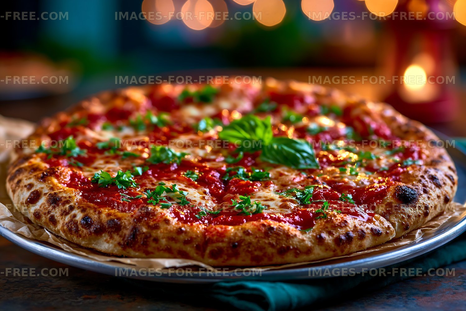 Fresh cheese pizza topped with herbs in warm restaurant light