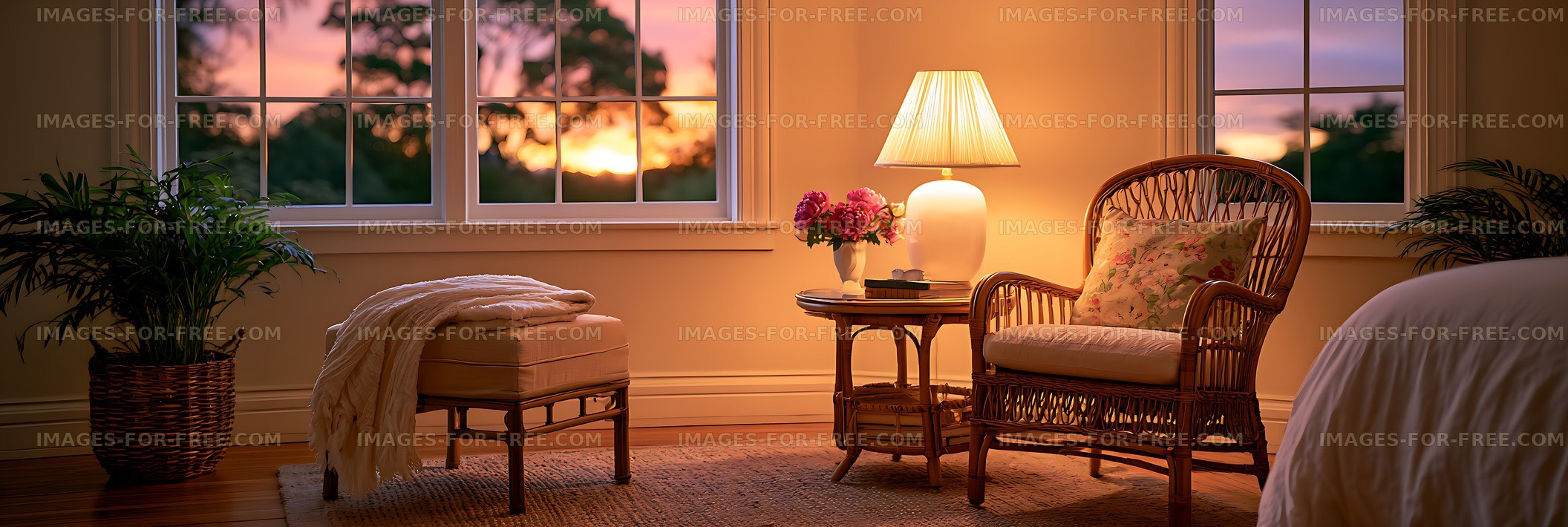 Warm bedroom interior with wicker seating and sunset view