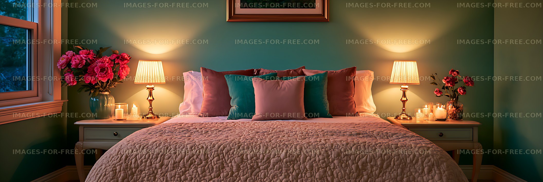 Warmly decorated bedroom with floral arrangements and bedside lamps