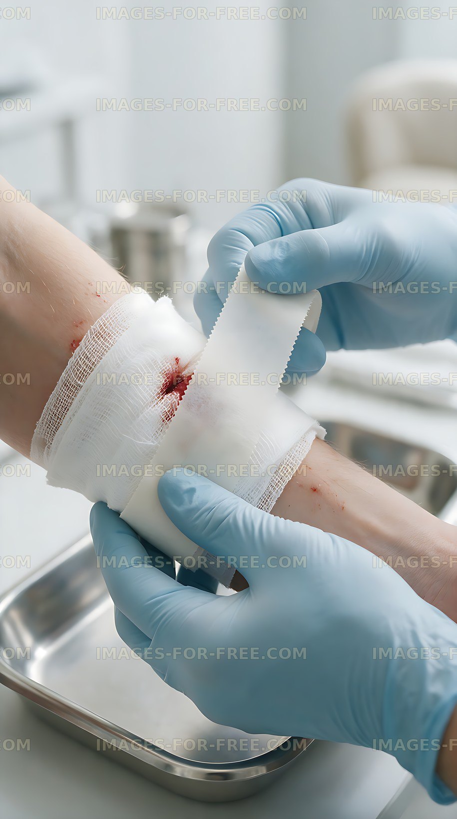 Workplace first aid with gauze bandage on injured arm