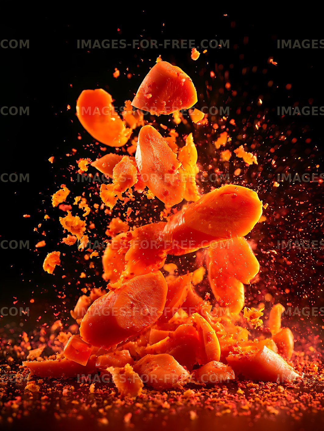Orange fruit exploding into pieces against a dark background