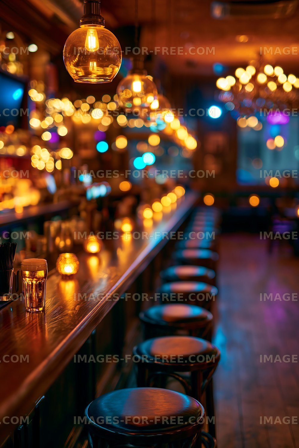 Bar interior with warm lighting and empty stools
