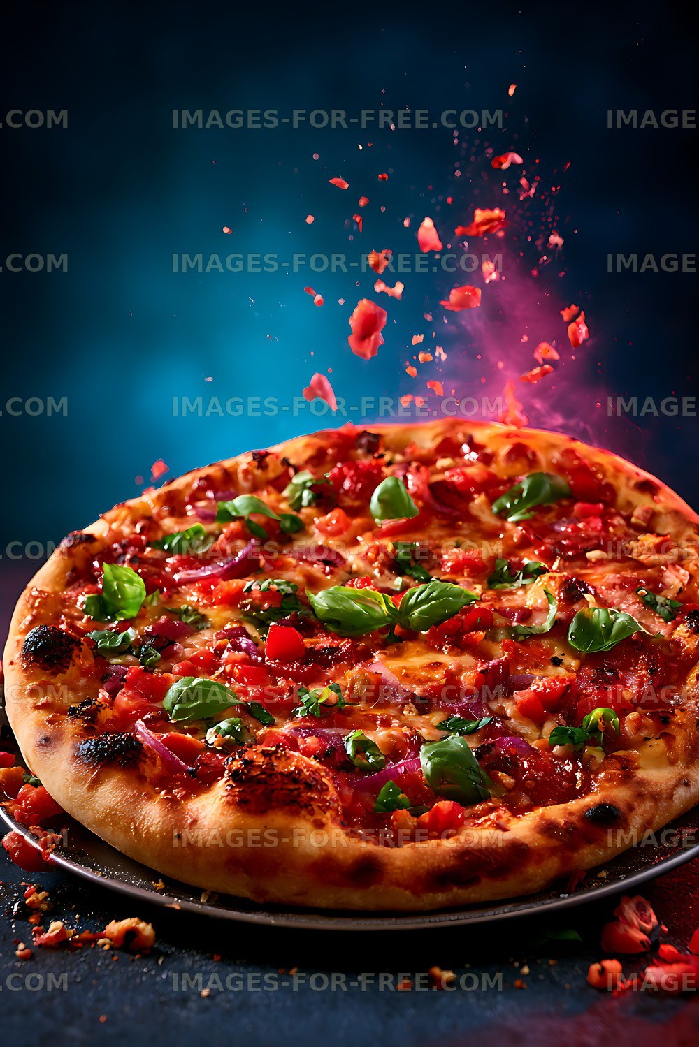 Colorful vegetable pizza with basil on dark plate
