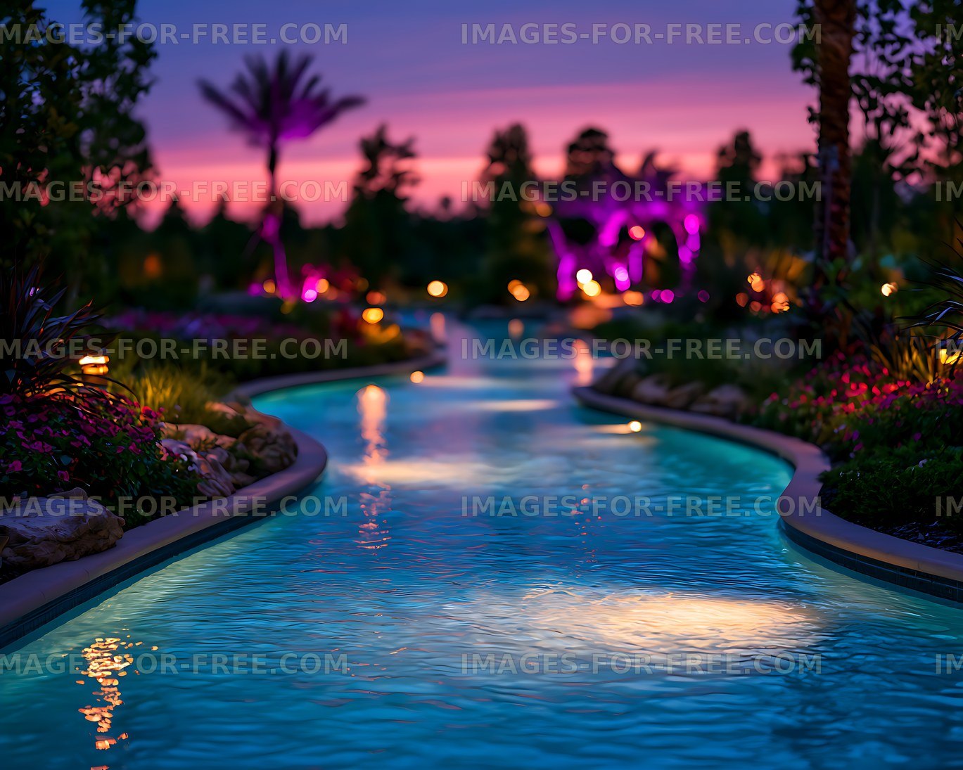 Illuminated tropical swimming pool at sunset