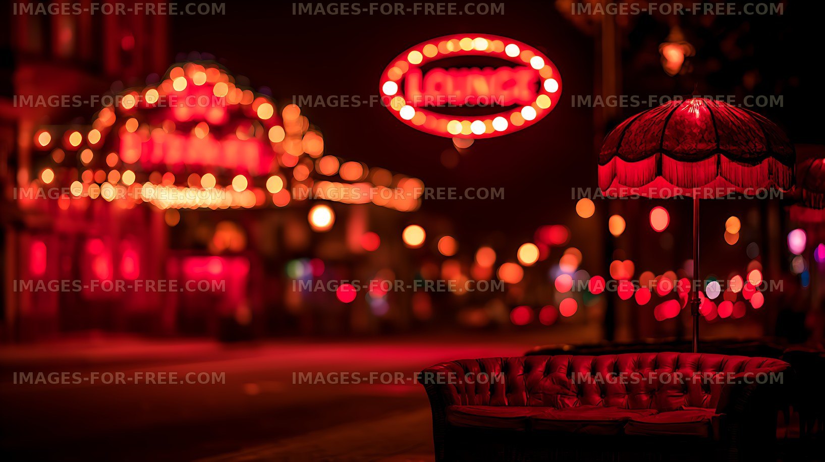 Moody red neon lounge scene with bokeh lights