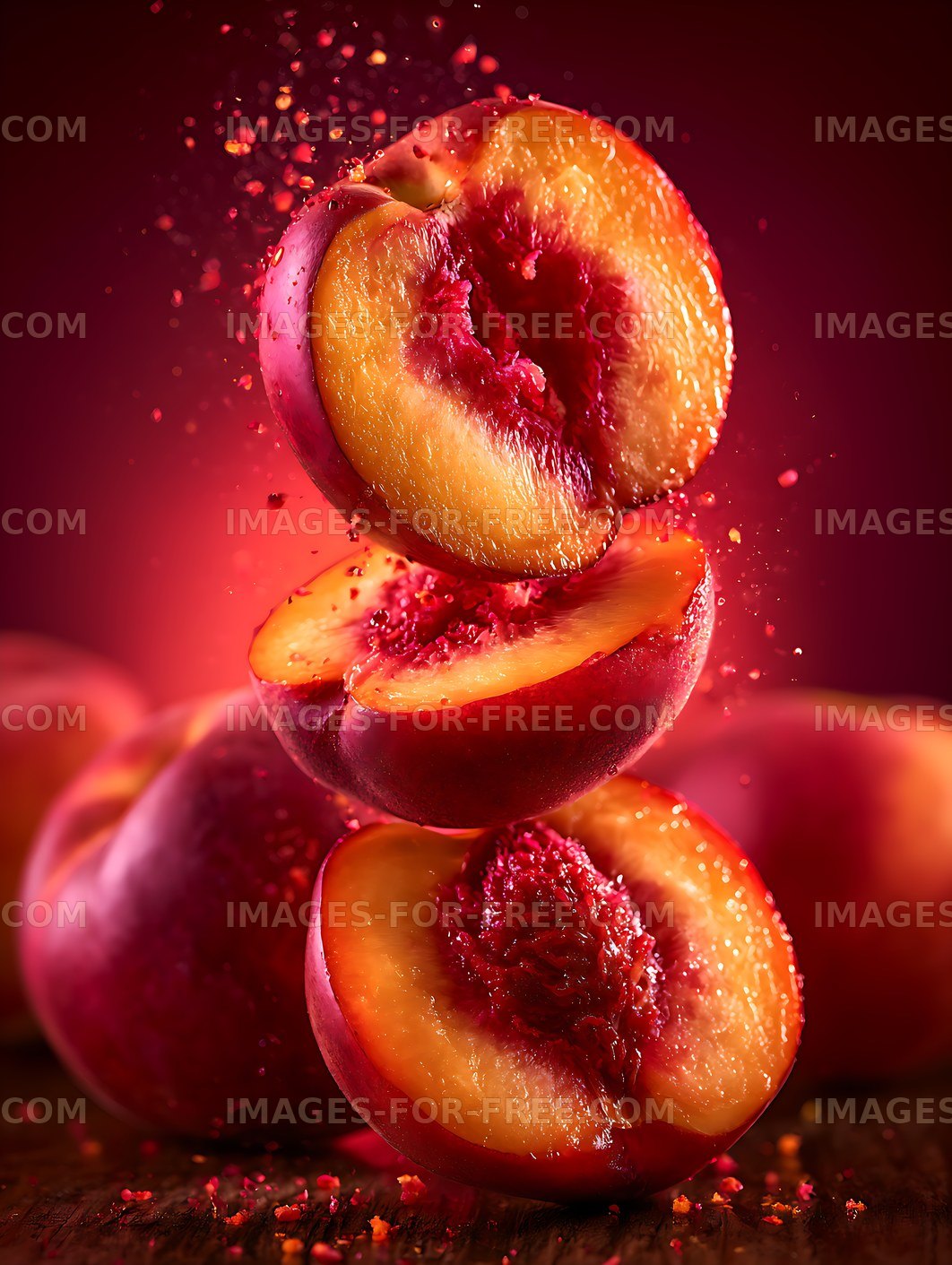 Sliced ripe peaches with splashing droplets in red light
