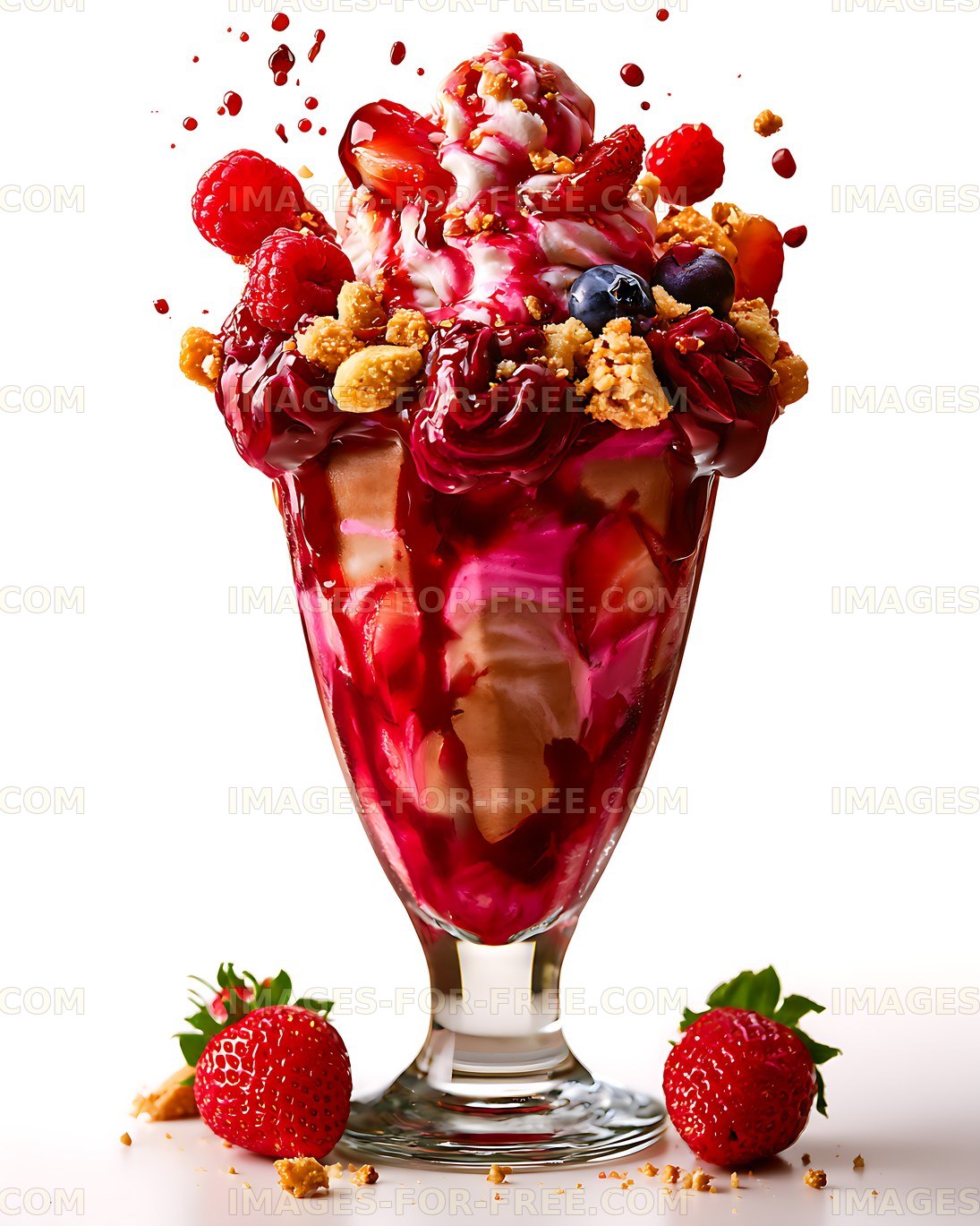 Colorful berry ice cream sundae in a glass