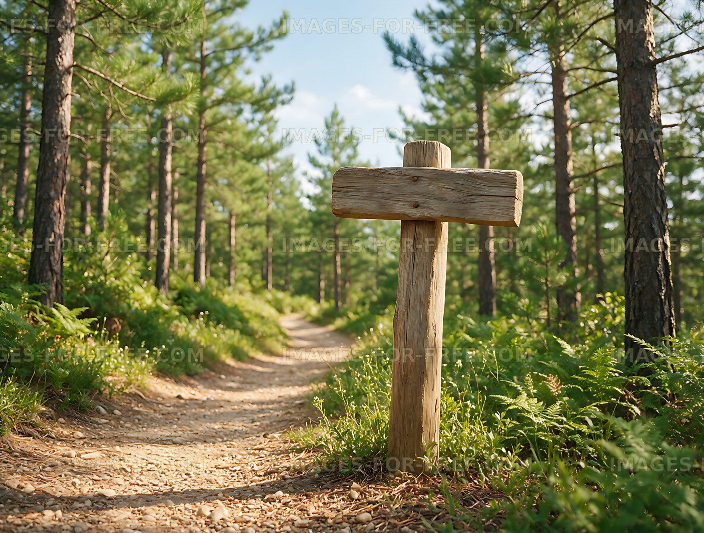 Blank wooden sign along a forest hiking trail