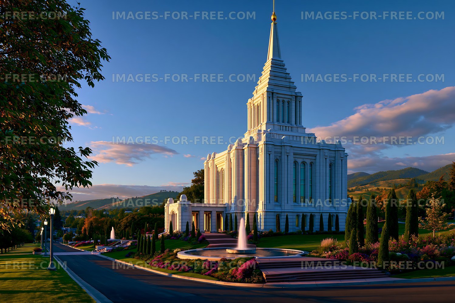 Grand white temple and fountain at sunset