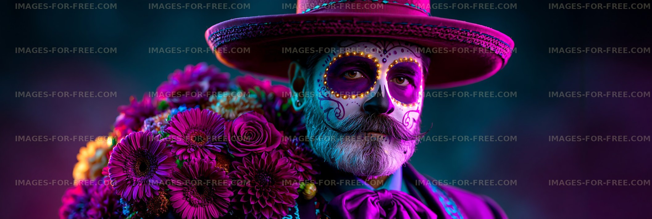 Colorful portrait of man with painted face and flowers