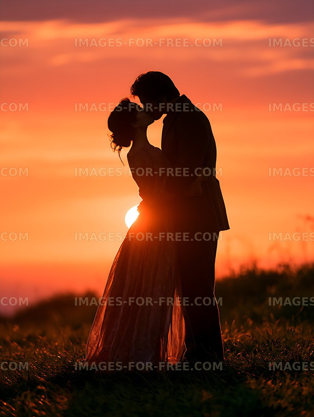 Romantic couple kissing in a sunset field