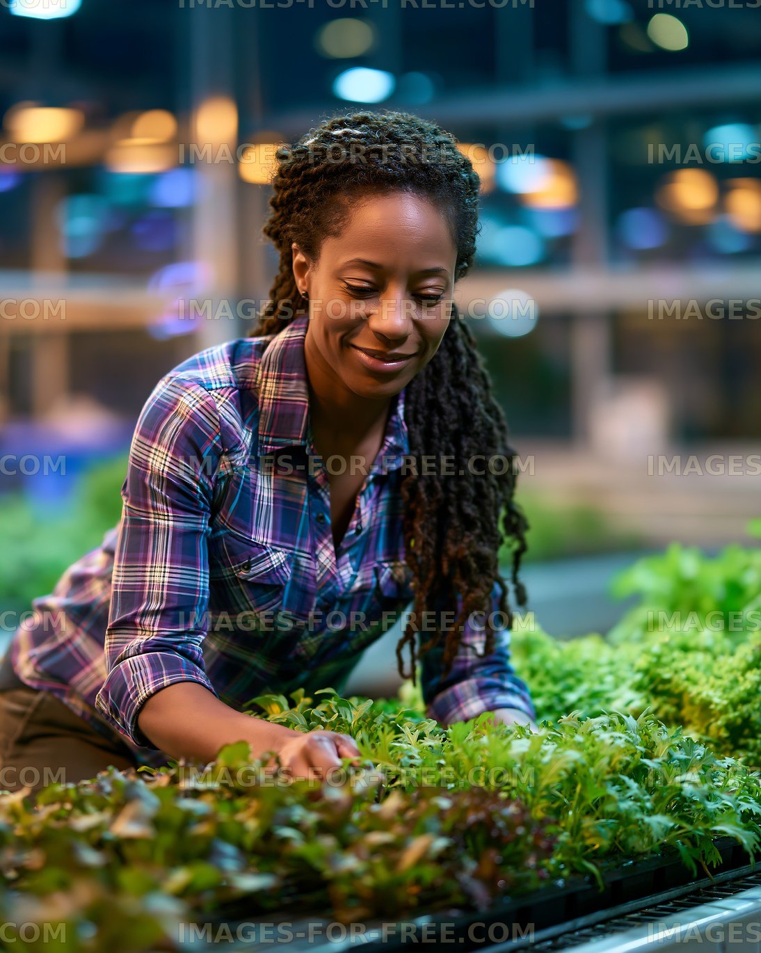 Woman harvesting fresh greens in urban greenhouse