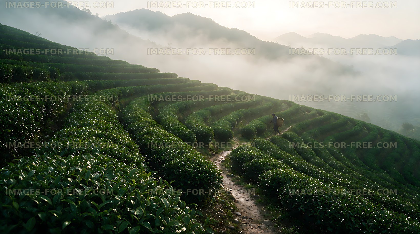 Green terraced fields in misty mountain landscape