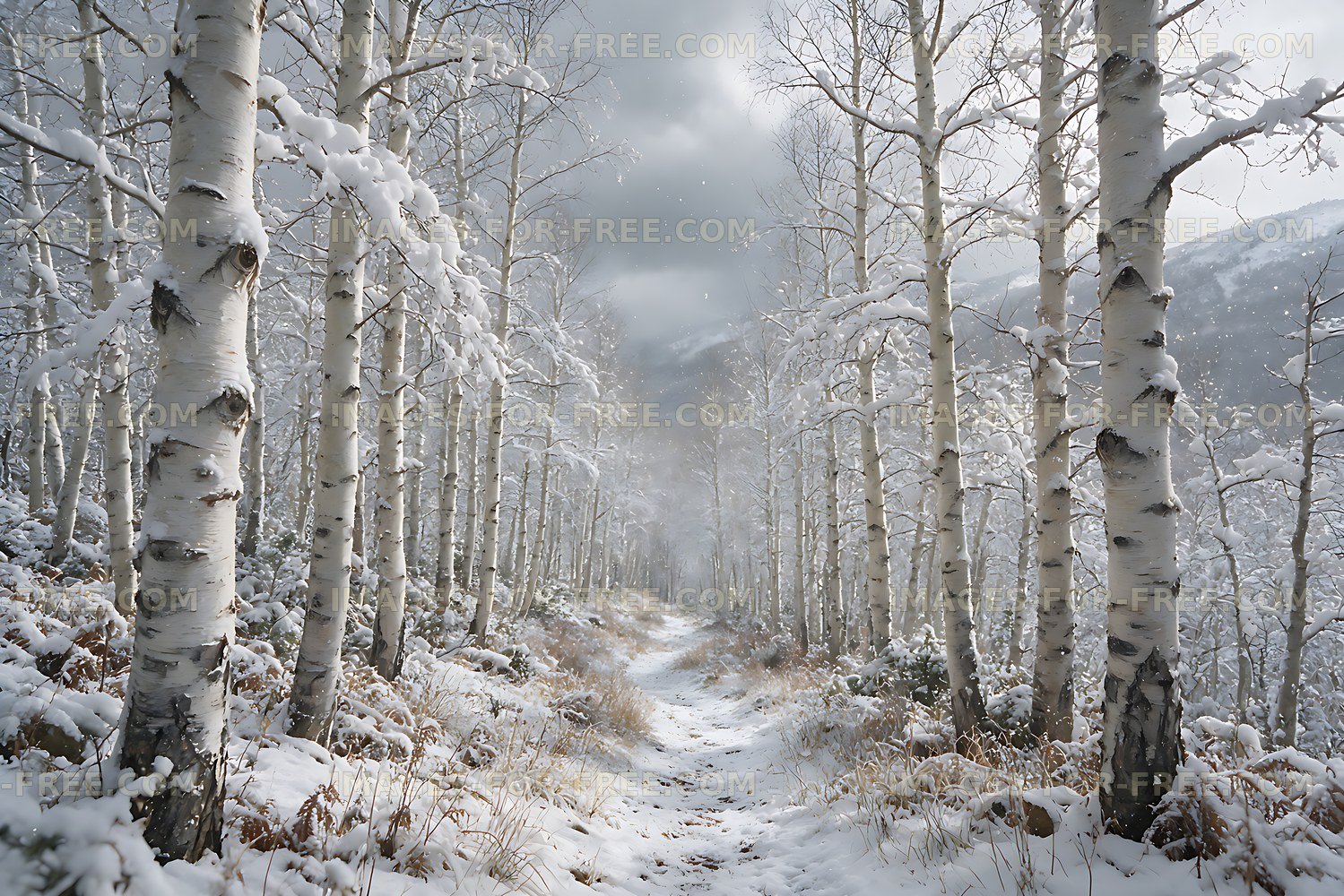 Winter birch woodland trail beneath snowy mountains