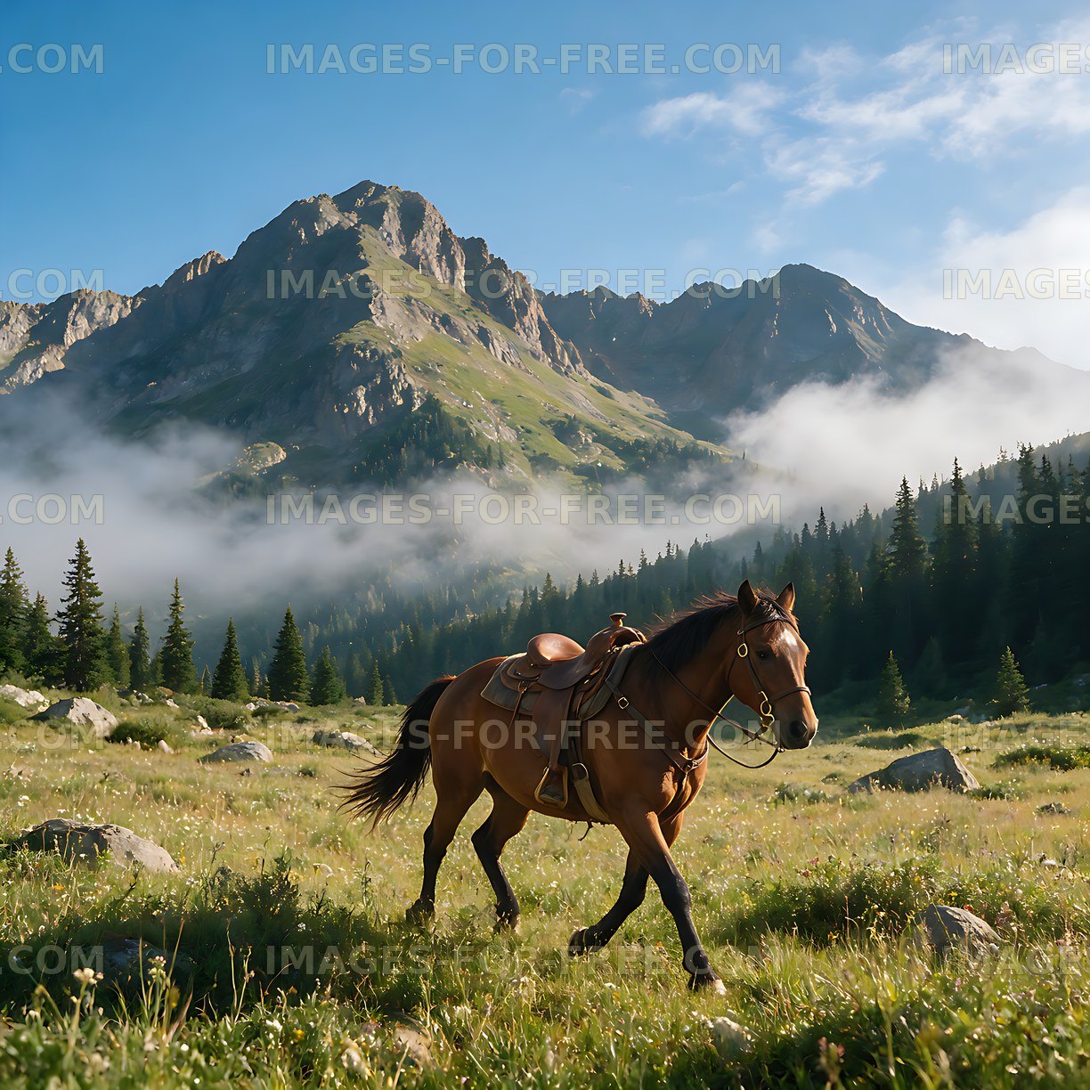 Saddled horse in an alpine meadow with misty mountains