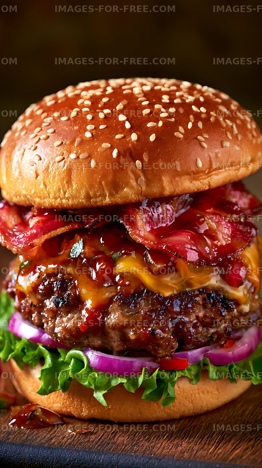Gourmet cheeseburger layered with colorful fresh ingredients