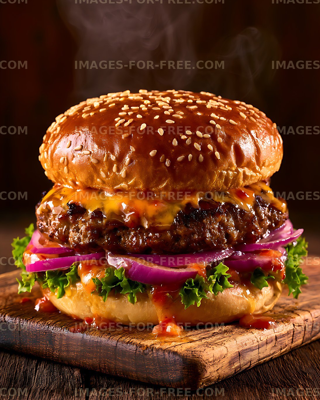 Steaming cheeseburger served on a rustic wooden board