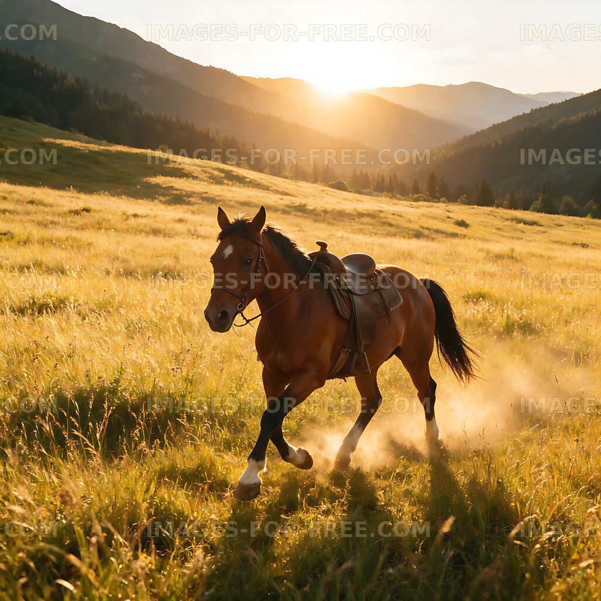 Saddled horse crossing a sunlit mountain meadow