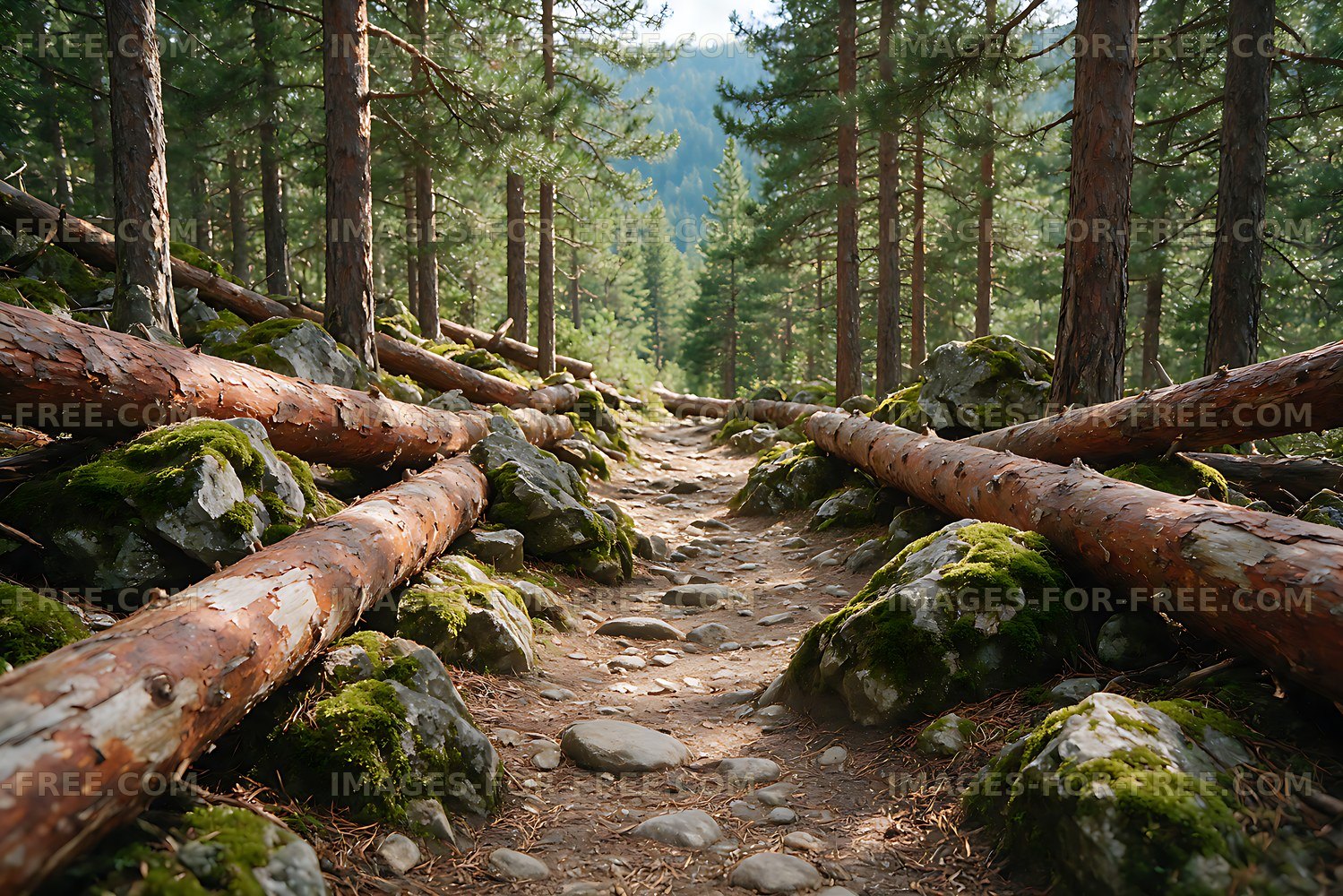 Rocky forest trail among pine trees and fallen logs