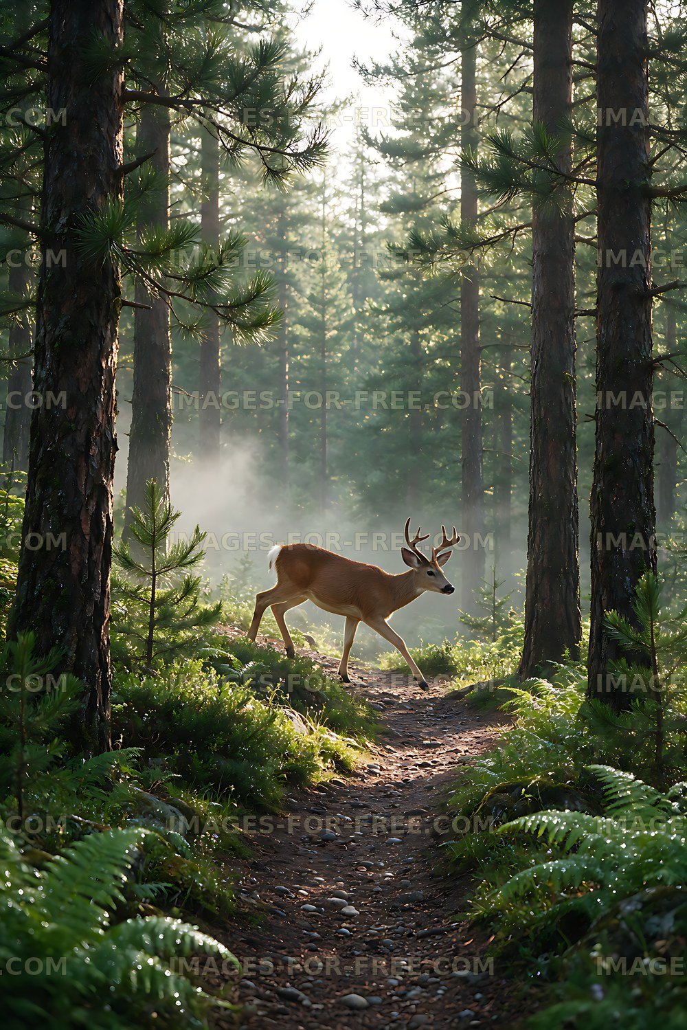 Antlered deer walking on a forest mountain trail